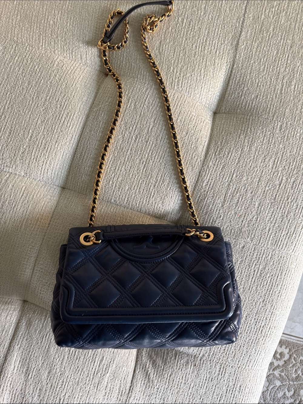 Tory Burch fleming soft convertible shoulder Bag Leather Quilted Chain Dark Blue - Picture 8 of 16